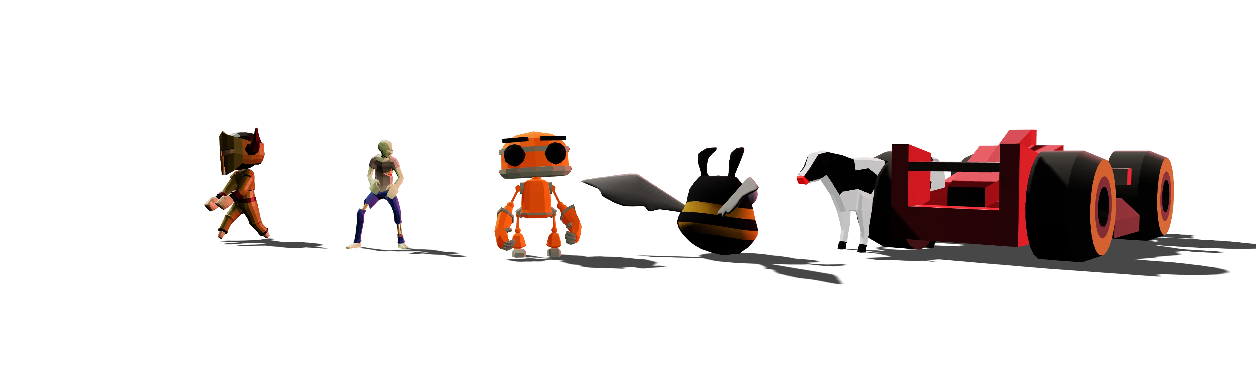 Six models from the JOSHRIX library: a golden knight, a zombie, a robot, a winged monster, a cow and a race car.
