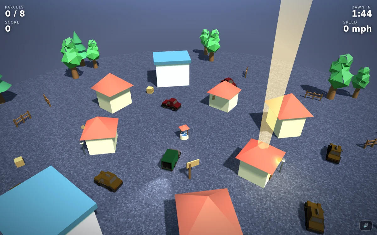 Midnight Post: a post van on a night road between low-poly cottages, with a parcel counter and a countdown to dawn.